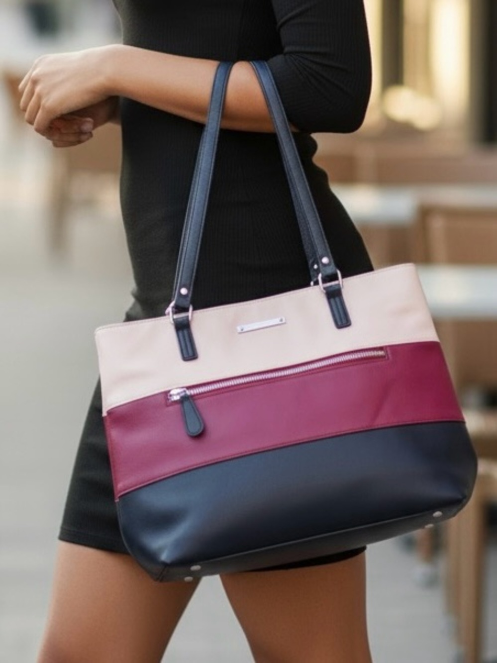 Nine West Pink Burgundy Black Colorblock Faux Leather Tote Shoulder Bag